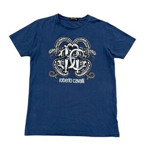 Roberto Cavalli Serigrafata Snake Graphic Logo T-Shirt Size M Blue Designer